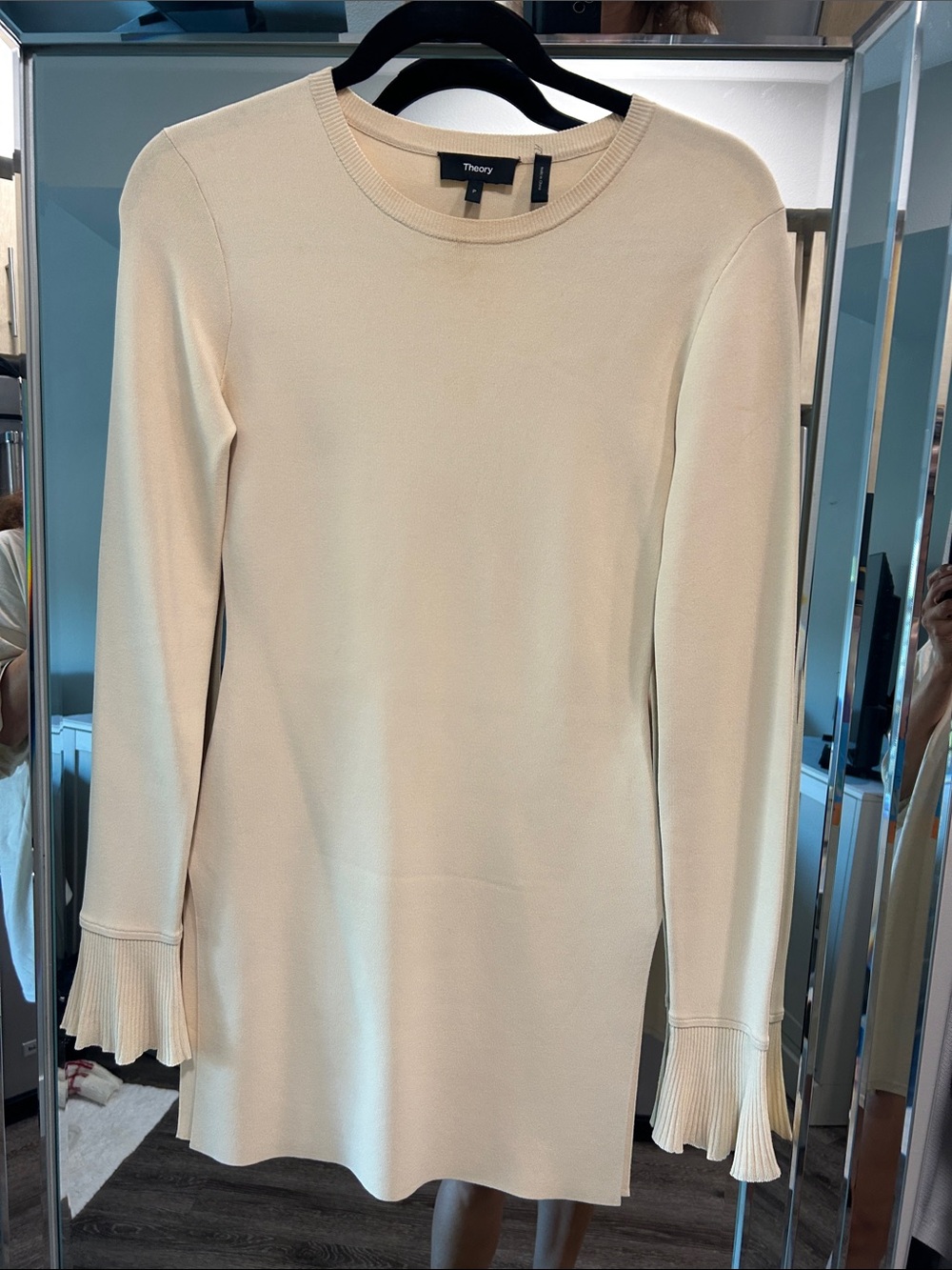 Theory Cream Long Sleeve Knit Dress with Pleated Cuffs